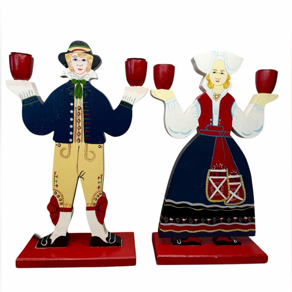 Vintage IKEA Folk Art Scandinavian Couple Candle Holders - Red, Navy, Cream